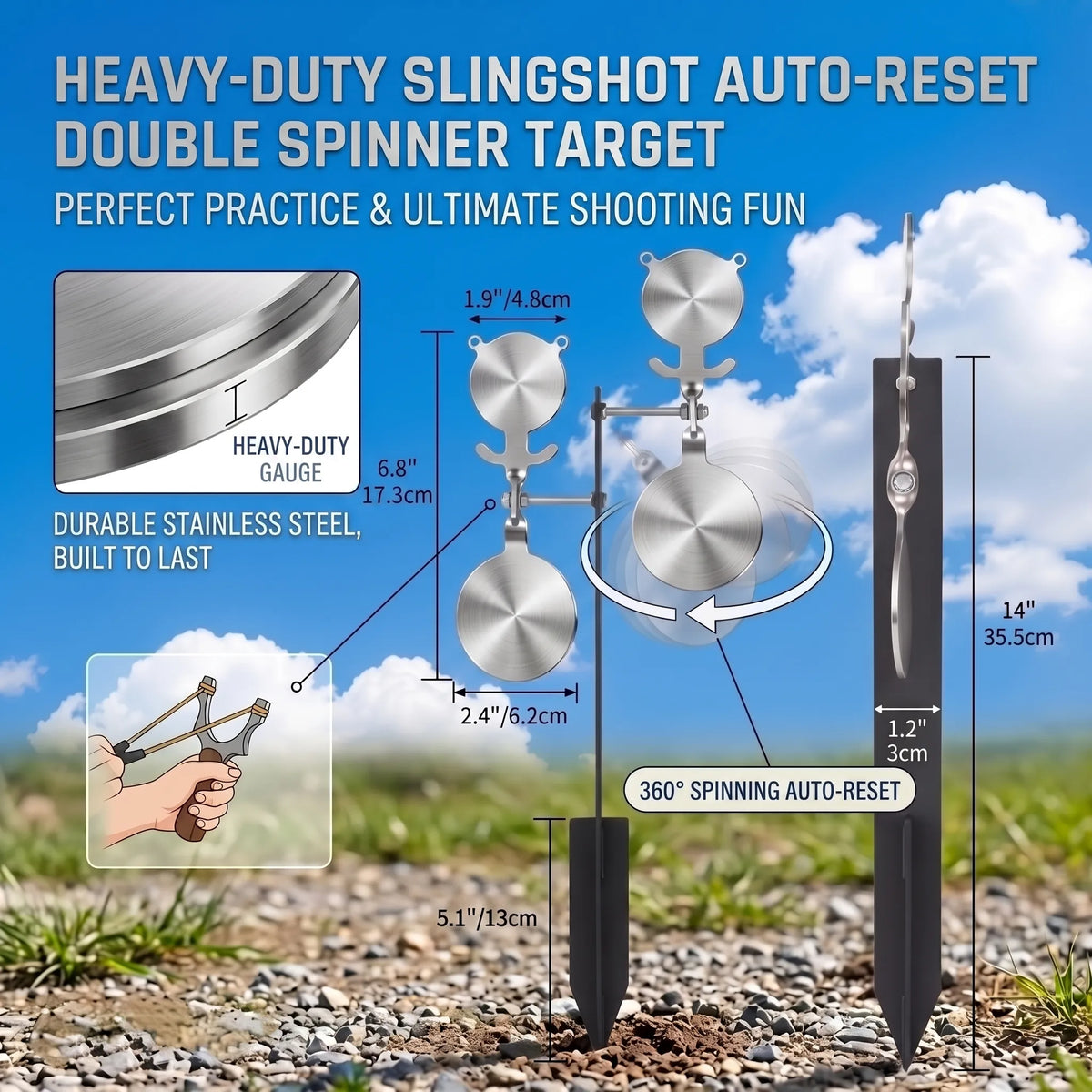 Ground Stake Stainless Steel Auto‑Reset Spinner Target